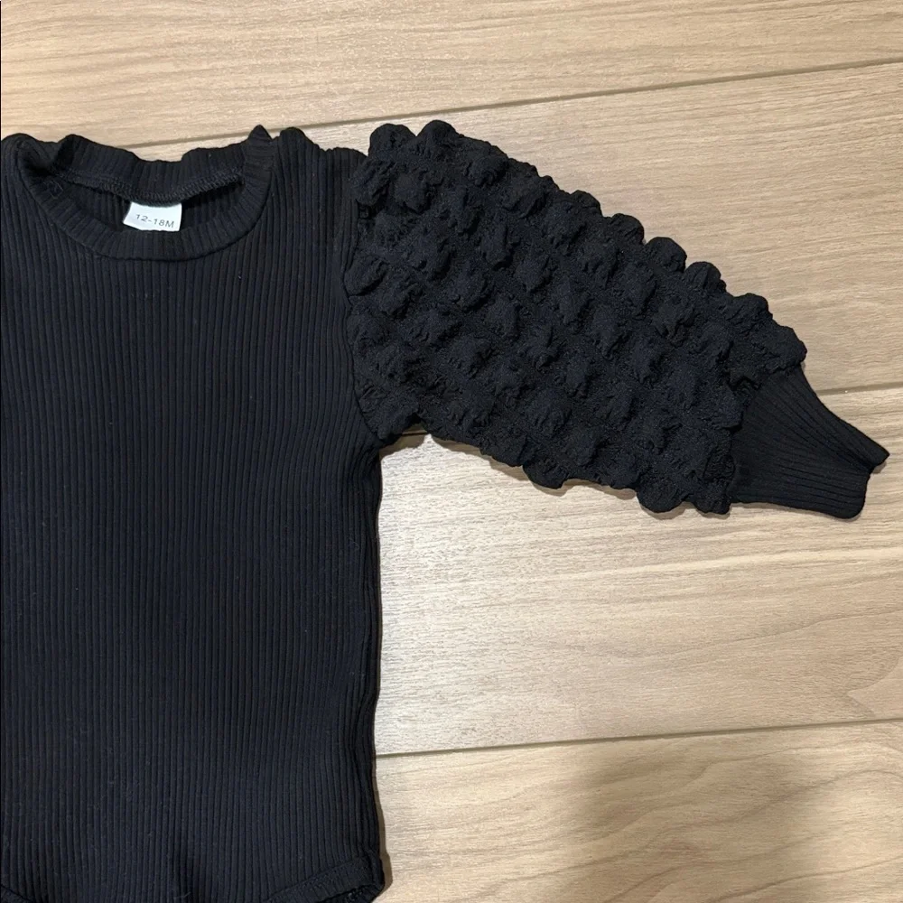 Black Puffy Sleeve Onesie with Plaid Flare Pants
